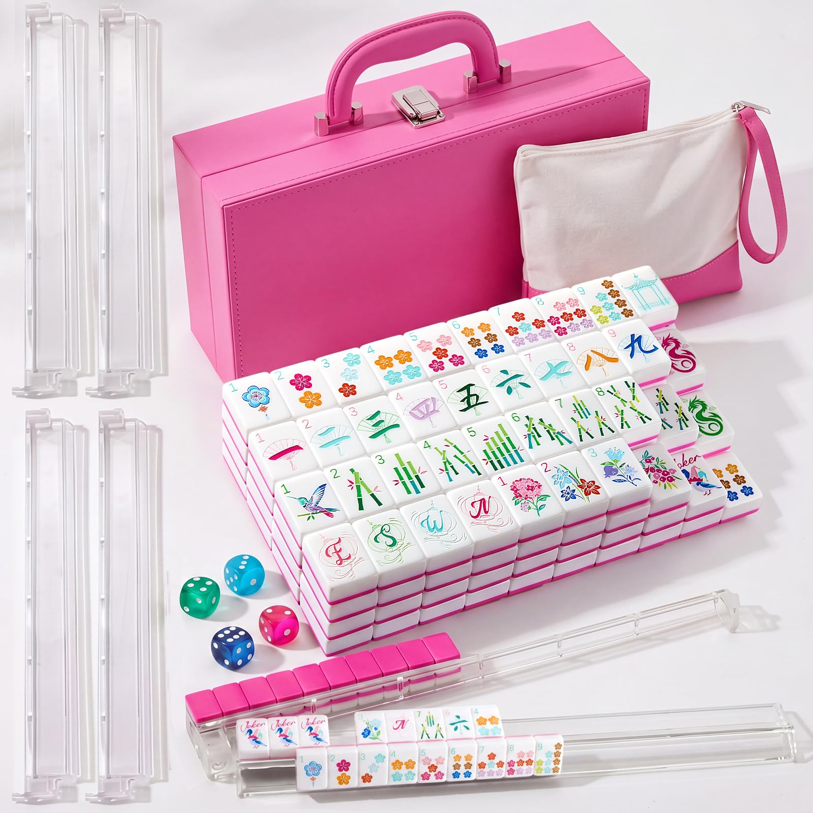 View 1 of [MISSING PARTS] LaRandom American Mahjong Set 168 Acrylic Numbered Tiles, 4 All-in-One Rack/Pushers, 4 Dice, Tiles Bag and Portable Travel Case Full Size Complete Mahjong Game Set (Rose Red,Standard Size)