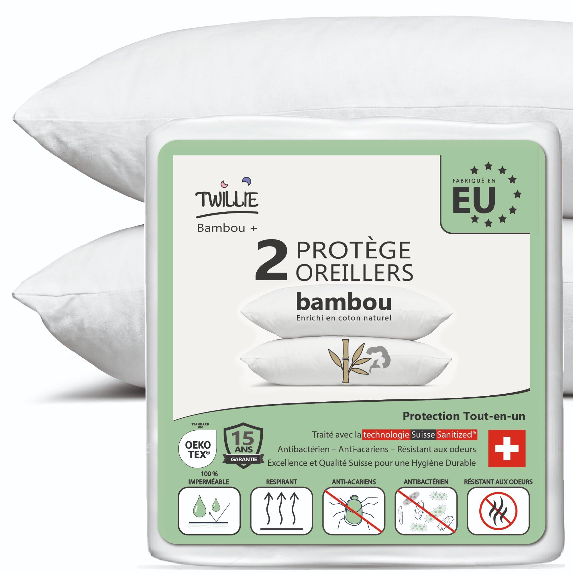 Protège oreiller 60x80 lot de 2 Twillie imperméable en bambou et coton