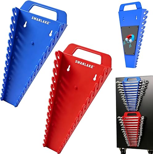 Miniatura 11 de Organizador de llaves magnéticas de 2 piezas, soporte de llave de plástico portátil métrico y SAE, 24 ranuras en total, mango de transporte plegable