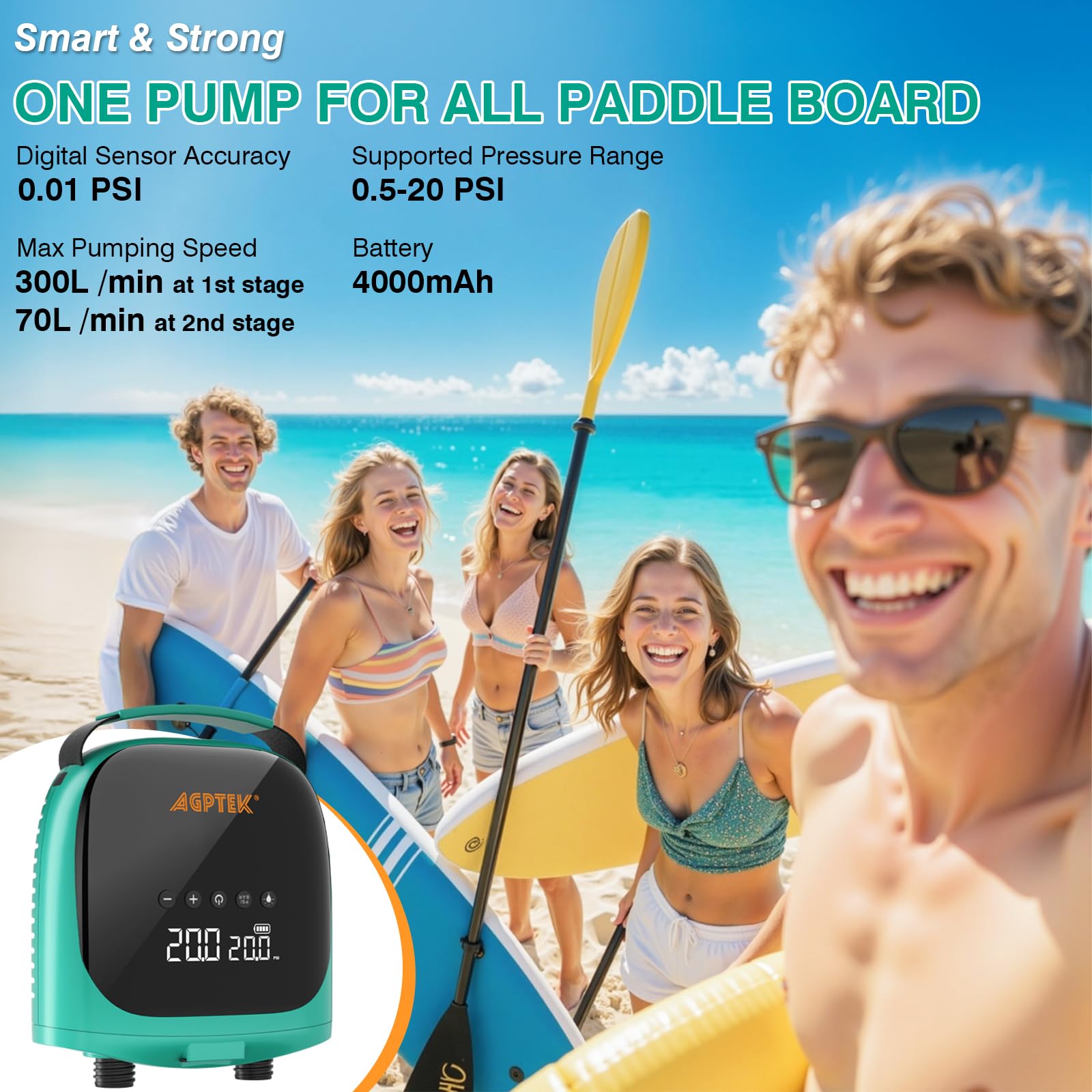 AGPTEK Elektrische Sup Pumpe Paddle Board Pumpe Wiederaufladbare 20PSI SUP Pumpe mit Akku, automatische Abschaltung 12V Gleichstrom-Autostecker Elektrische Pumpe für SUP-Boards und Boote