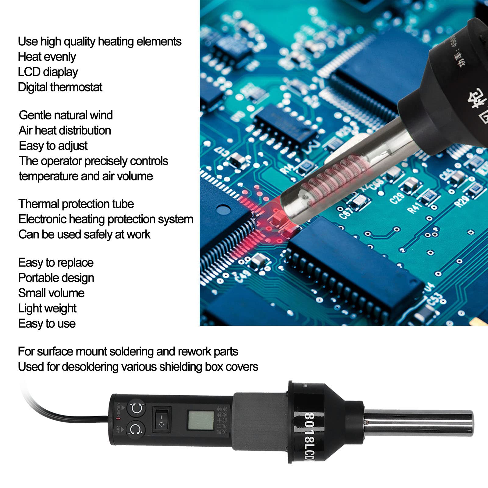Pistola de Aire Caliente Portátil, Pistola de Calor con Control de Temperatura de 450 W con Pantalla Digital LCD para Soldar IC y Caja de Blindaje (Normativa europea (250V))