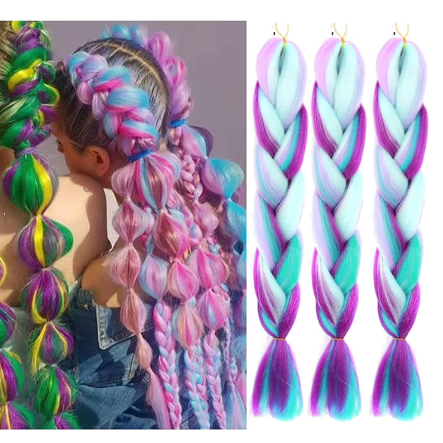 OTO BELLA Extensiones de pelo trenzado, 24 pulgadas, textura Yaki, pelo sintético degradado, 3 unidades, Kanekalon coloridas extensiones de pelo trenzado, (verde/púrpura/verde claro)