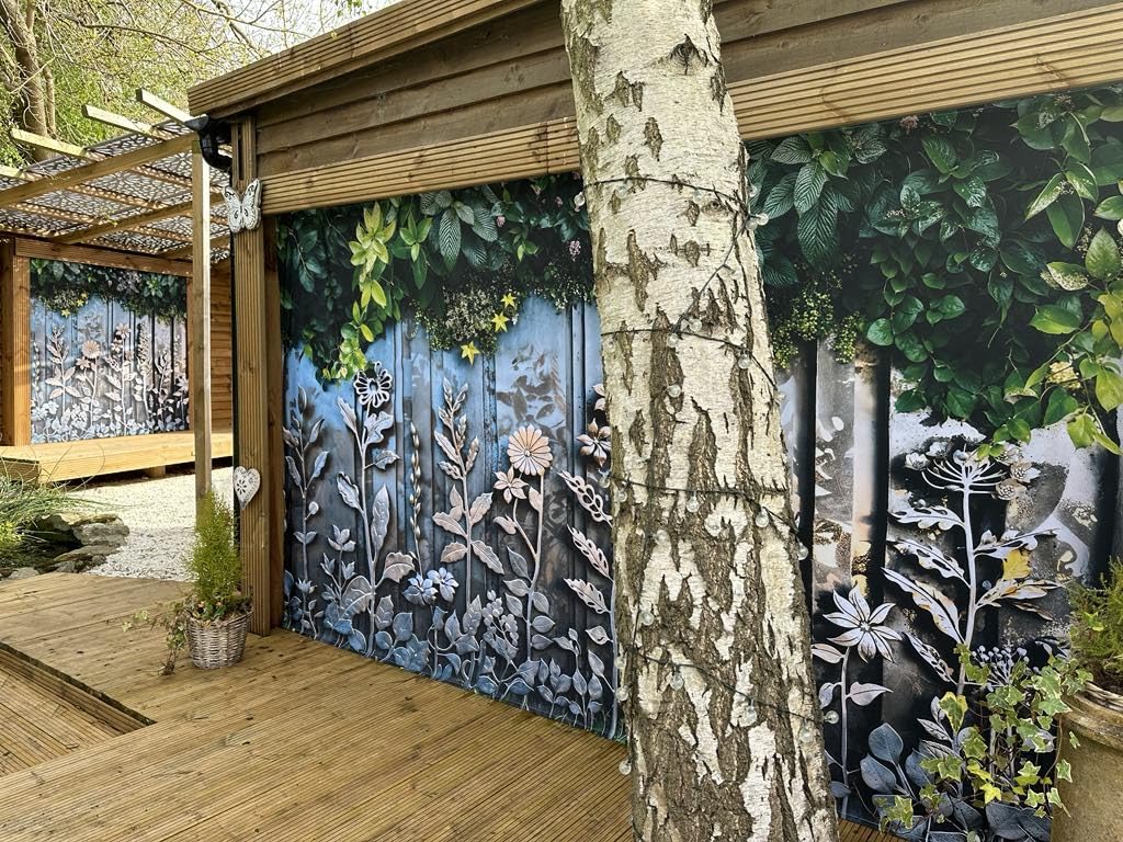 Mural Gardens Ultra HD Large width 360cm Waterproof Tapestry 3d Backdrop - Metallic Floral Fence Curtain Panel Design , Premium 160gsm Polyester - Privacy Screen