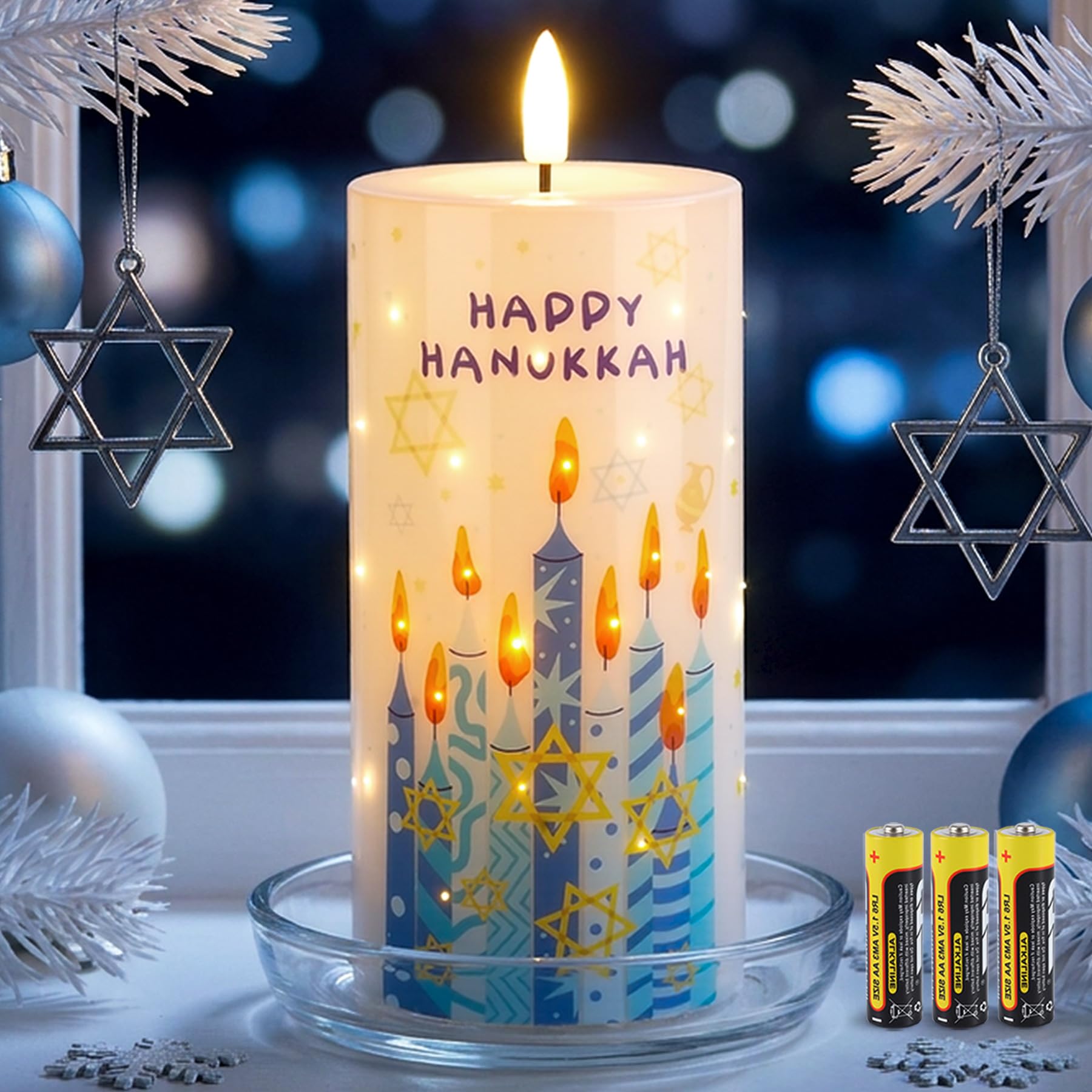 Rhytsing LED Chanukah Candle with Built-in Fiber Optic Lights and Timer Function, Battery Operated Hanukkah Table Decoration for Home, Hanukkah Gift with Batteries Included - 7.5 x 7.5 x 15 cm