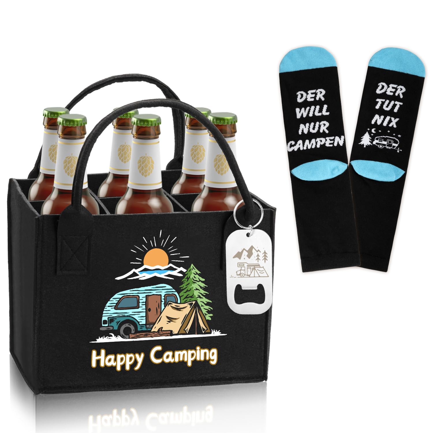 Camping Geschenke Set, 3 Stück Geschenk für Camper,Camping Deko enthalten Männerhandtasche für Bier, Lustige Socekn,Bieröffner mit Wohnwagen Muster,Wohnwagen Zubehör für Camper Liebhaber