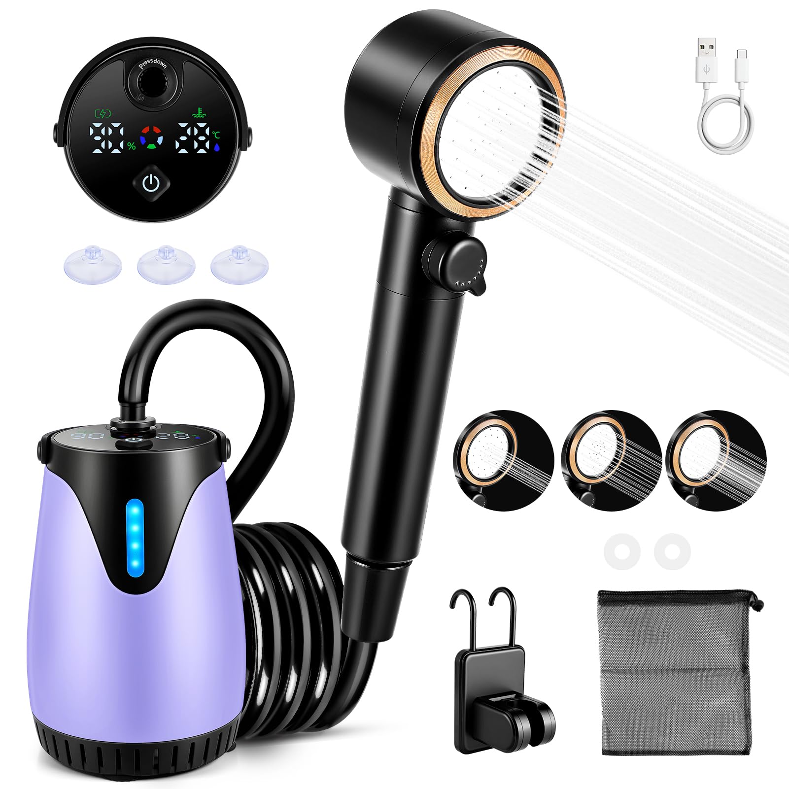 Fuutilake Campingdusche Tragbare mit 8000mAh Akku, Outdoor Dusche mit 3 Wasserabgabemodi, Mobile Dusche mit Temperaturanzeige & Schlauch, Sicher für 0-50°C, für Camping, Wandern, Haustiere