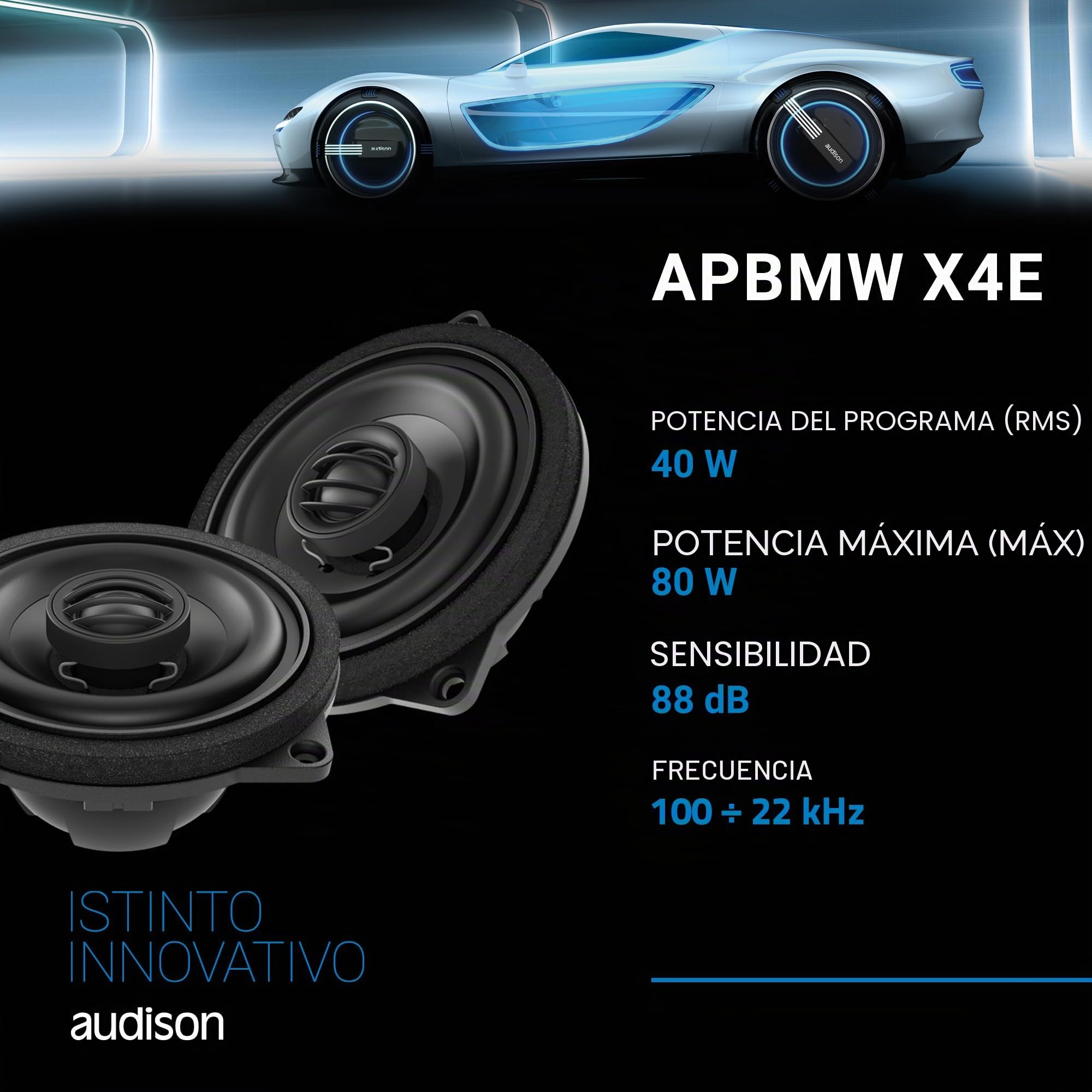 Audison APBMW X4E par de Altavoces coaxiales de 2 vías 100 mm, 80 W | tweeter 24 mm, 4 pulgadas, 40 W RMS, 4 Ohm, 88 dB, 100-22000 Hz, profundidad 39 mm
