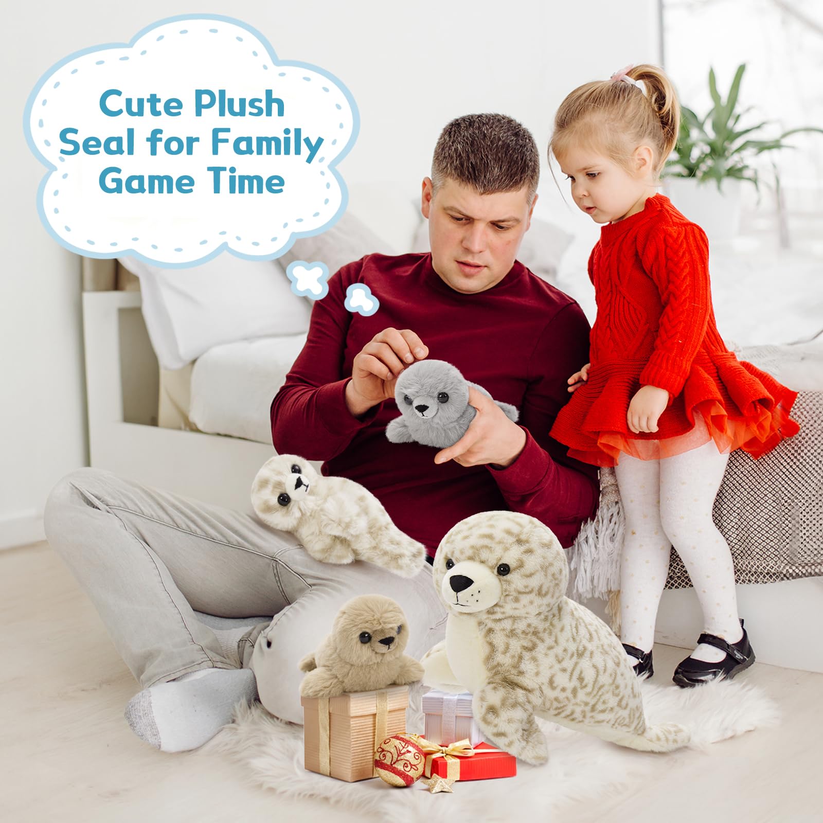 MorisMos Peluche Foca Grande, 50cm Mamá con 3 Bebés; Peluche de Foca Mullido y Suave; Regalo Gigante y Mullido para Niños, para Cumpleaños, Navidad