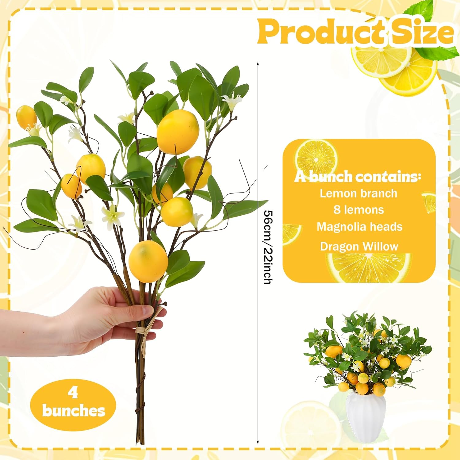 Artificial Lemon Branches 8 Heads per Stem 4 Pack Faux Lemons with Leaves Kitchen Table Centerpiece Decor Fake Lemon Tree for Vases Farmhouse Party Summer Home Yellow Decorations