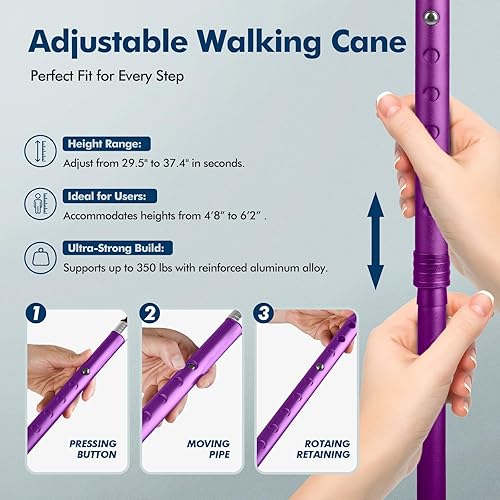 Miniatura 5 de KINGGEAR Walking Cane for Women & Men, Adjustable Lightweight LED Walking Stick with Autonomous Standing, Large Sturdy 360 Swivel Base Crutches Cane