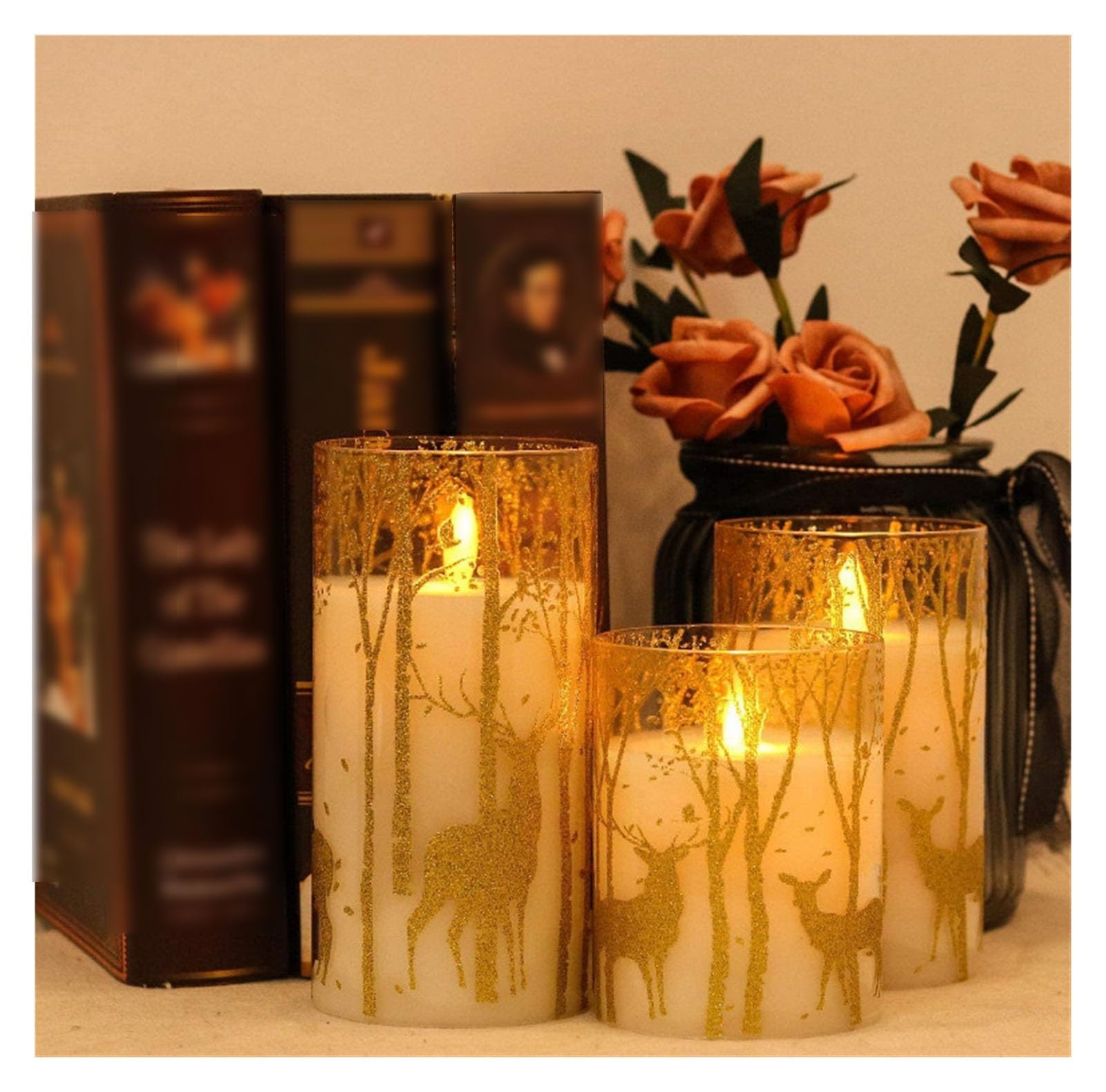 Candele Senza Fiamma Tremolanti, Candele a Colonna con Fiamma Artificiale Realistica in Movimento, Set di 3 - Luci LED a Batteria - Senza Profumo - Telecomando Incluso
