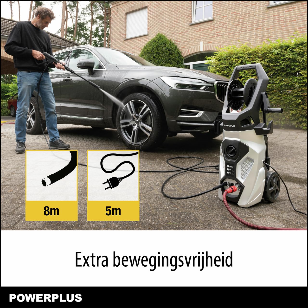 Powerplus Limpiador de Alta presión eléctrico POWXG90500 – Limpiador de terraza de 2200 W, función Start/Stop, Presión Máx. de 170 Bares y Temperatura de 50°C, Manguera de 8 m y Accesorios Incluidos