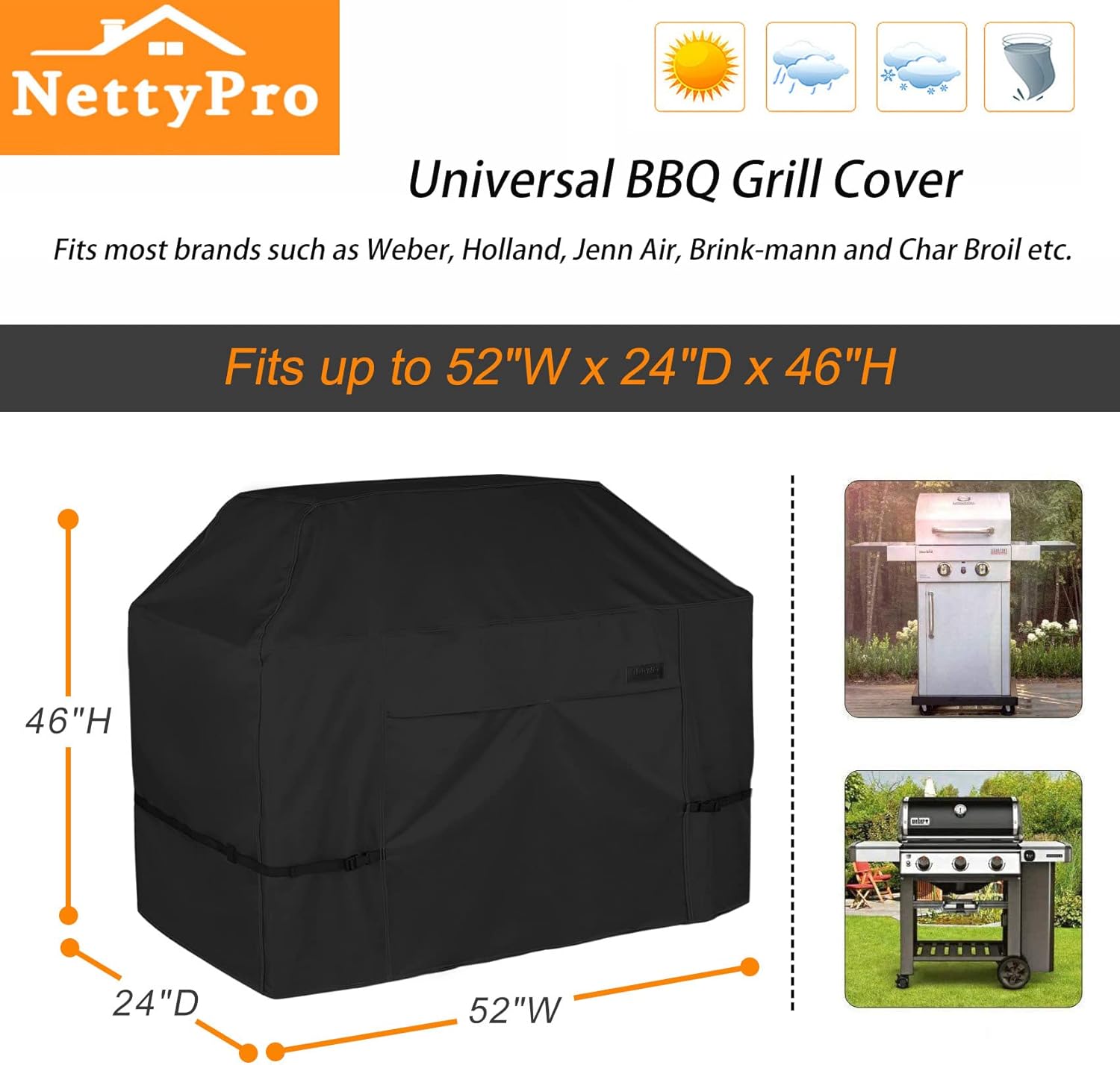 NettyPro Grill Cover for Outdoor Grill 52 inch Waterproof Heavy Duty Gas BBQ Cover for Outside Weber, Char-Broil, Brinkmann, Jenn Air, Nexgrill 2-3 Burners Barbecue, Black - Image 6