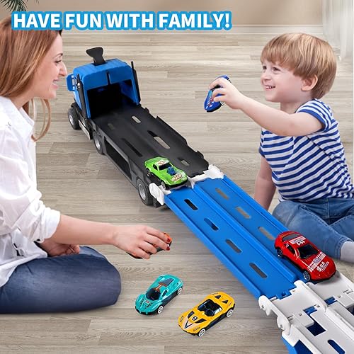 Miniatura 5 de Camión transportador de juguetes para niños, auto plegable de 4.6 pies de expulsión de pista y 6 autos de carreras de metal con luz y sonidos,