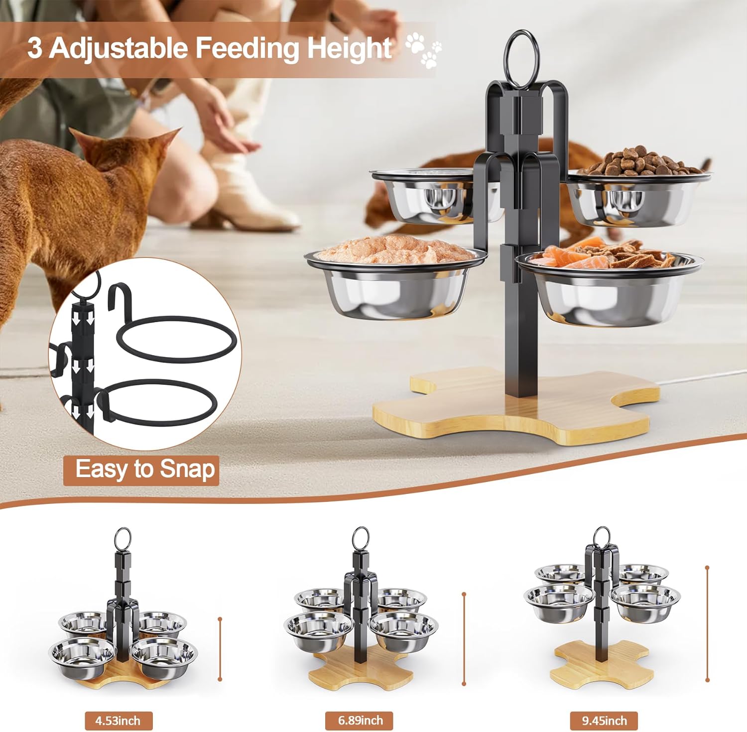 Elevated Cat Food Bowls, 3 Adjustable Heights Raised Cats Bowl for Indoor Cats Small Dogs with 4 Stainless Steel Bowls, Pet Food and Water Bowl