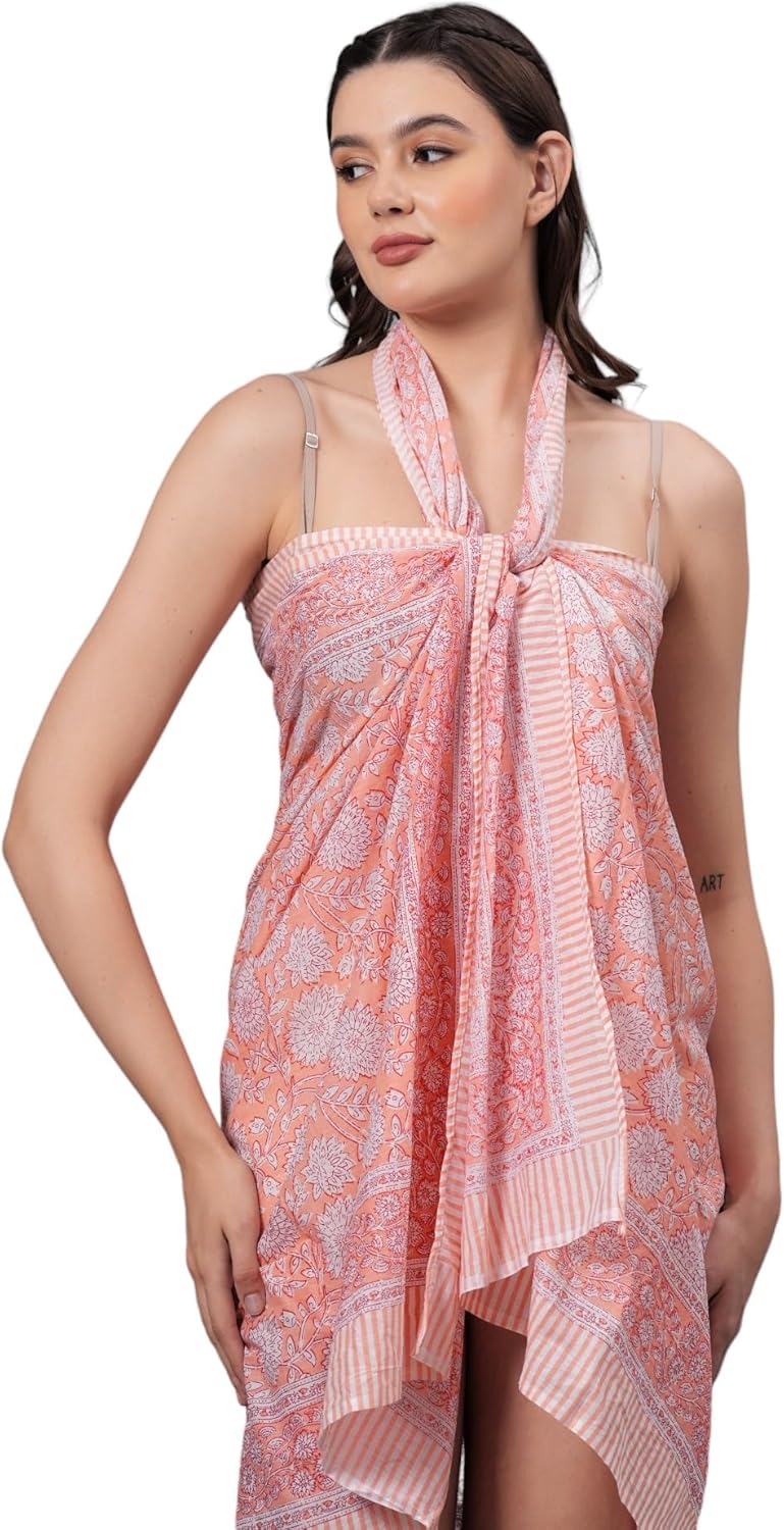 100% Cotton Hand Block Print Sarong Womens Swimsuit Wrap Cover Up Long - Image 5