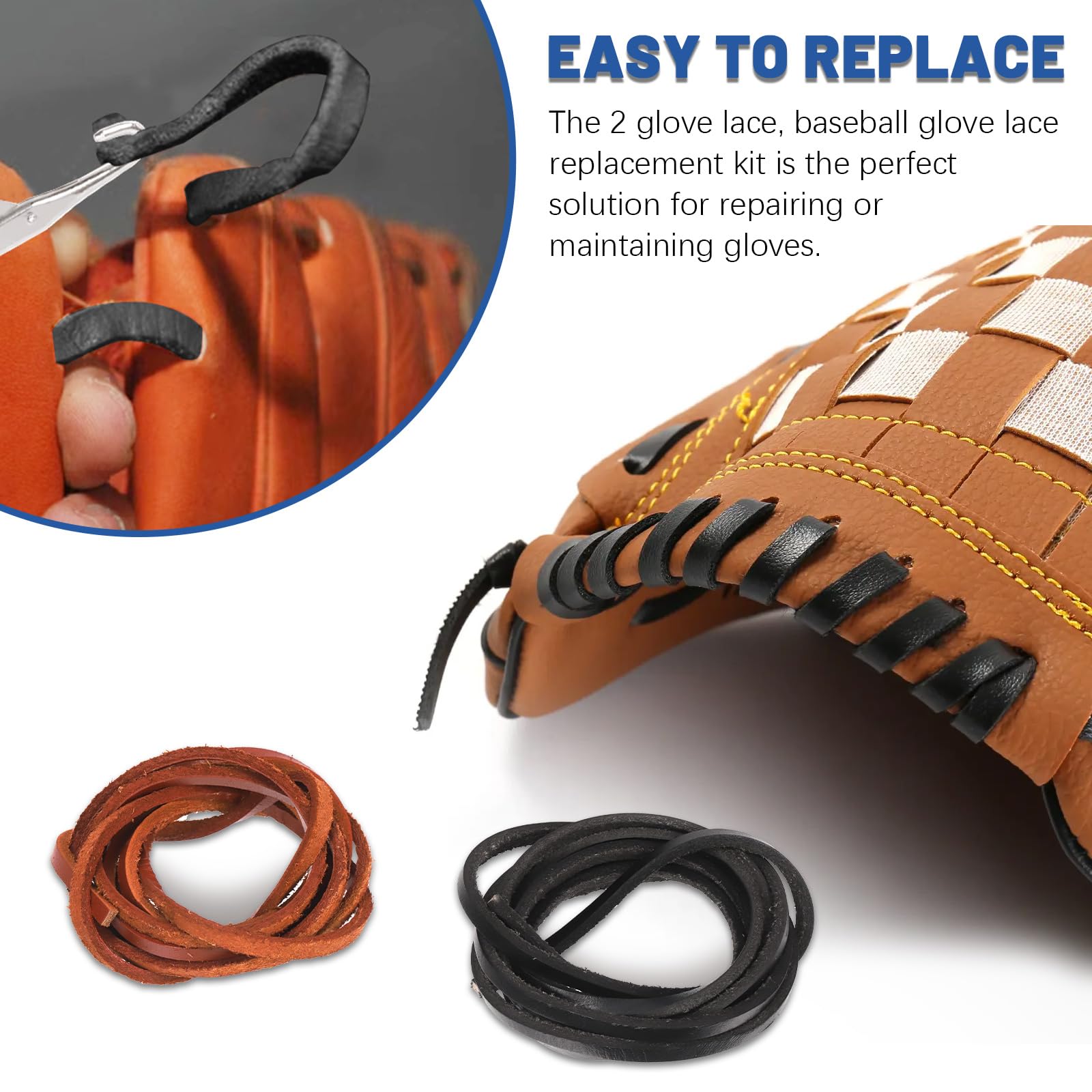 GLARKS Kit d'entretien de gants de baseball comprenant 2 lacets en cuir de 200 cm, 4 verrous de gants, 5 outils de laçage et 2 pinces pour gants de baseball, softball