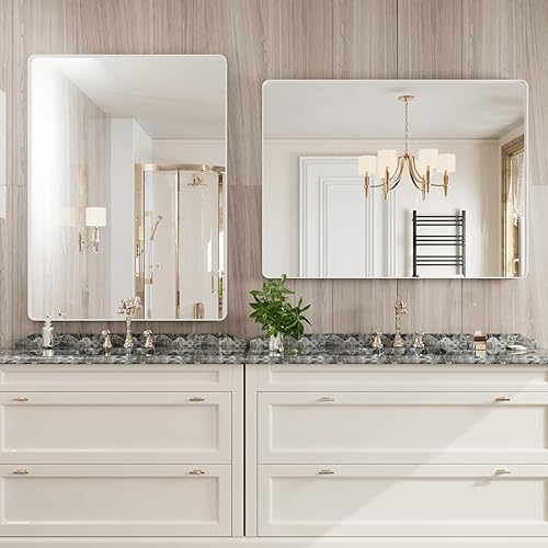 Miniatura 251 de Espejo de baño dorado, 48 x 30 pulgadas, espejo de marco de metal dorado cepillado para pared, espejo rectangular redondeado de tocador de baño