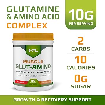 MFL Muscle Glut-Amino | Glutamine Complex | Amino Complex | 0 Sugar | Sweetened with Stevia | All-Natural | 60 Servings (Fruit Punch)