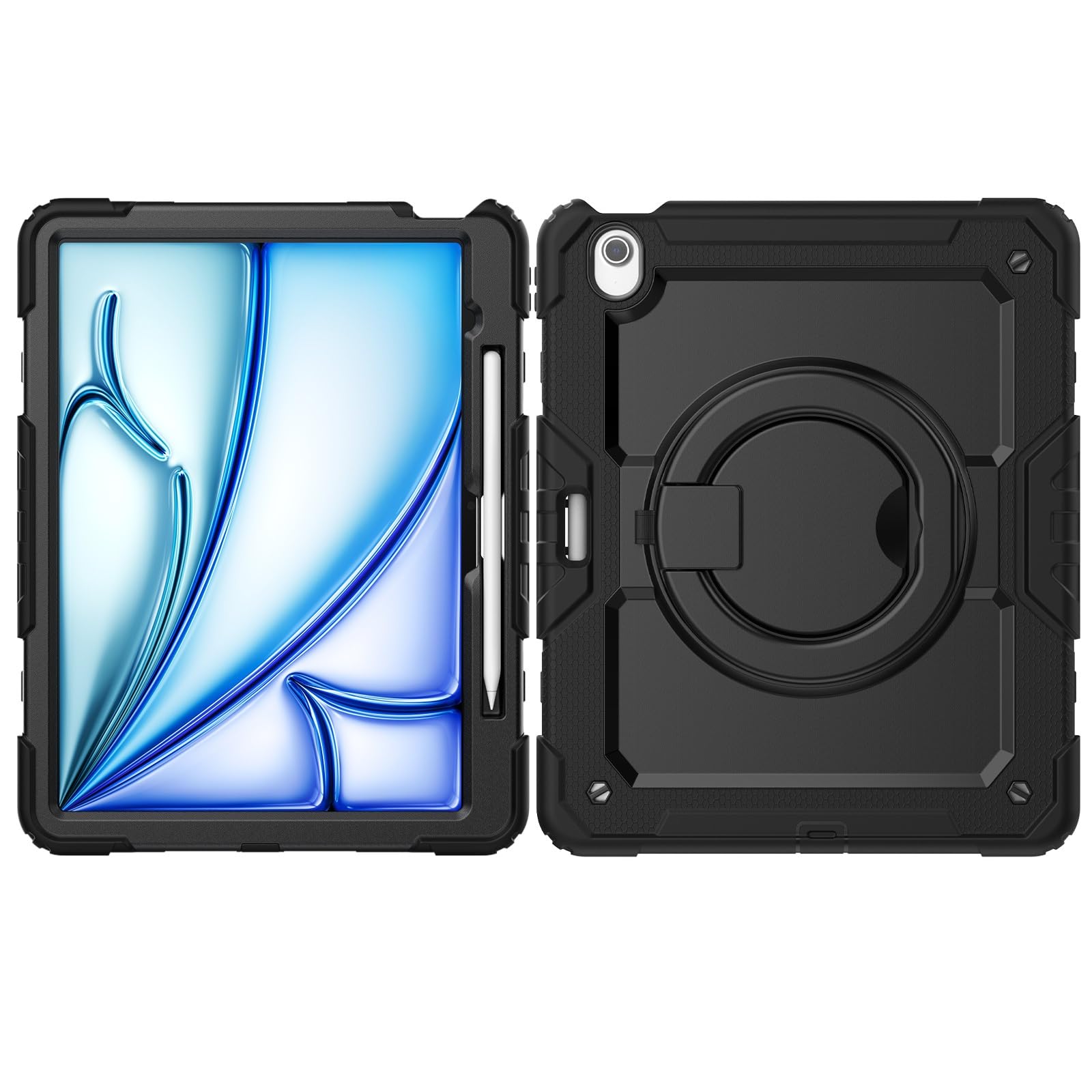 Kompatybilny z etui iPad Air 13 cali M2 2024 uchwytem na ołówek i ochraniaczem ekranu, wytrzymała, pełna obudowa ochronna, obrotowy uchwyt, silikonowe(Noir)