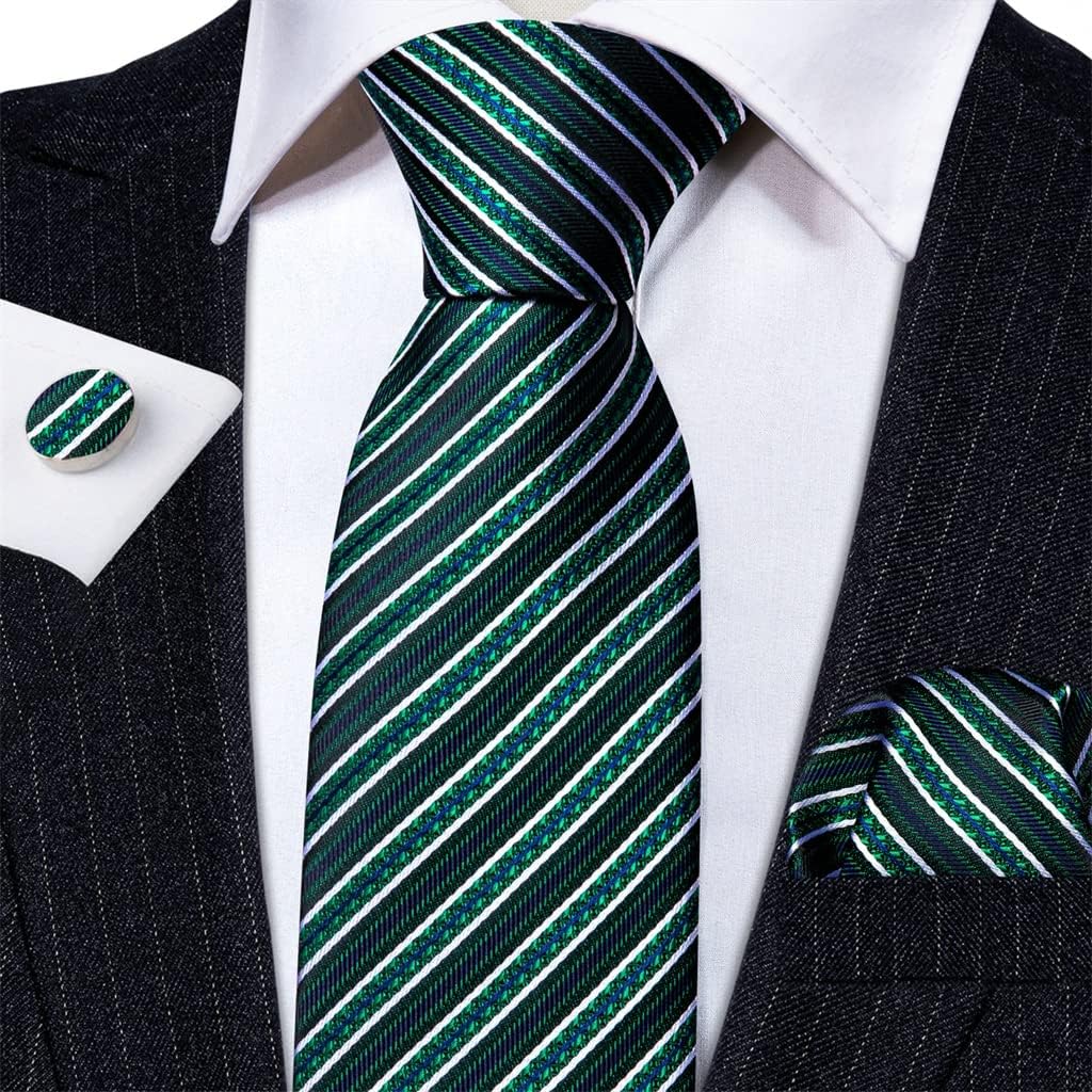 Men's Silk Tie Set Green White Striped Tie Tie Square Scarf Cufflinks Set Wedding