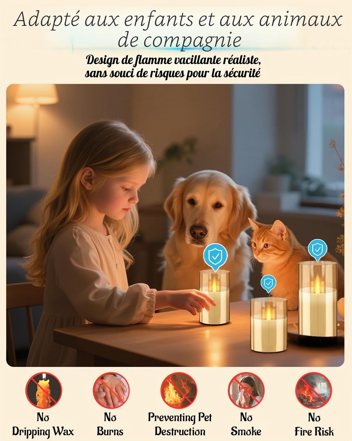 Bougies LED sans flamme télécommandées, rechargeables, bougies piliers en verre avec télécommande et fonction minuterie, flamme saute pour fêtes, mariages (autonomie 200 h) (Or)