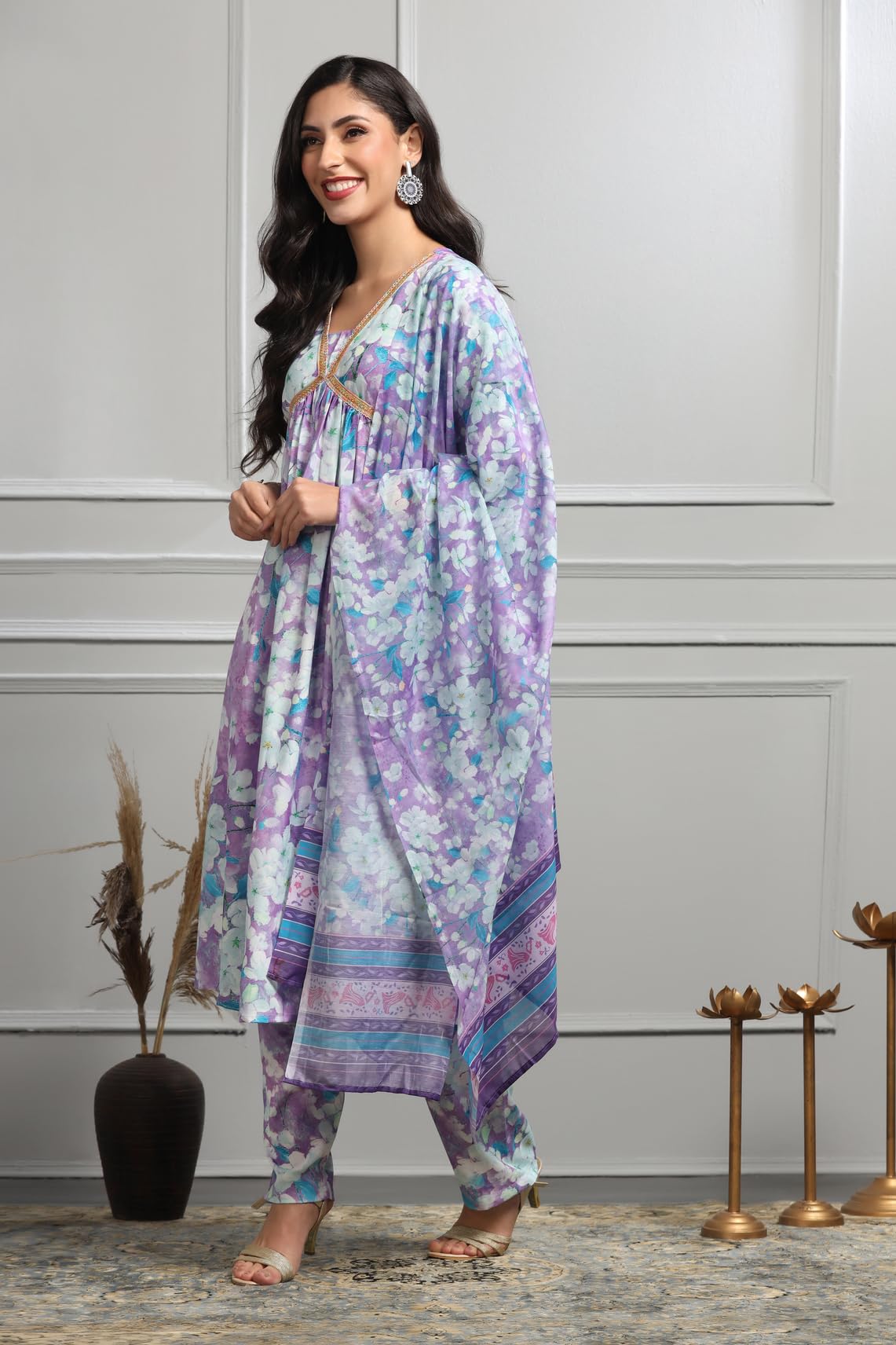 Leriya Fashion Cotton Alia Cut Kurta Set For Women| Alia Cut Anarkali Set For Women Embroidery Kurta Set For Women| Kurta With Pant Set For Women. (Small, Purple)