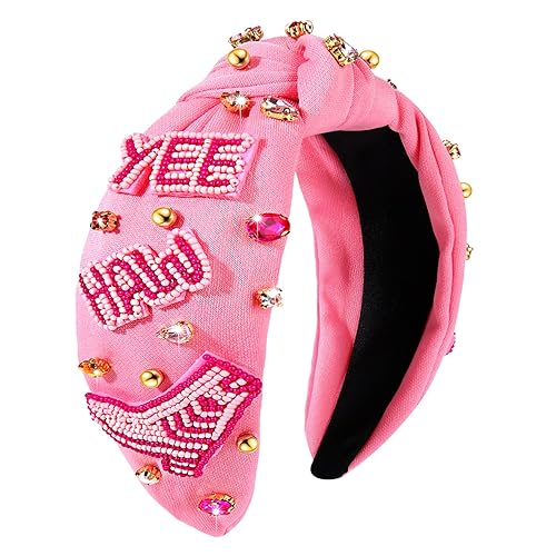 Miniatura 1 de Diadema occidental YEEHAW con diamantes de imitación de cristal, diadema de cuentas rosa intenso, diadema de nudo ancho adornado, diadema de vaquera