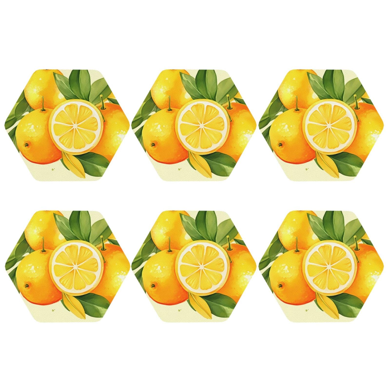6pcs Leather Coasters for Drinks, Watercolor Lemon Fruit Drink Coasters for Tabletop Protection, 4" Cup Coasters for Coffee Table Decor, Non-Slip Drinking Cup Mat for Hot Or Cold Drink