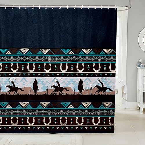 Cortina de ducha bohemia exótica de geometría azul oscuro con ganchos, cortina de baño rústica para decoración de habitación, cortina de baño de