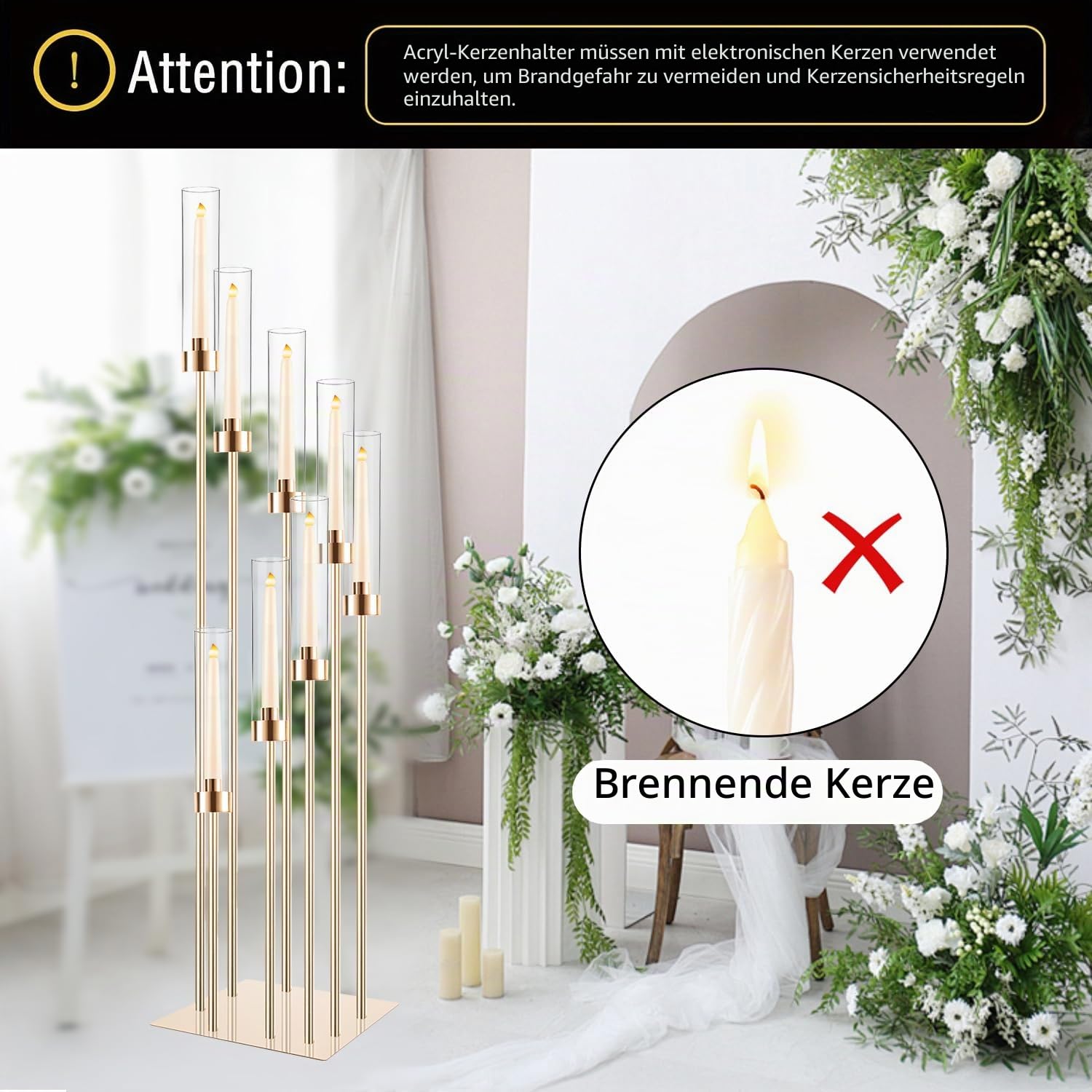Boden-Kerzenhalter mit Acryl-Lampenschirm, 125 cm hoch, Acryl-Kerzenhalter für konische LED-Kerzen, goldfarbenes Mittelstück für Tisch, Hochzeit, Party, Event, Empfang, Heimdekoration (Gold)