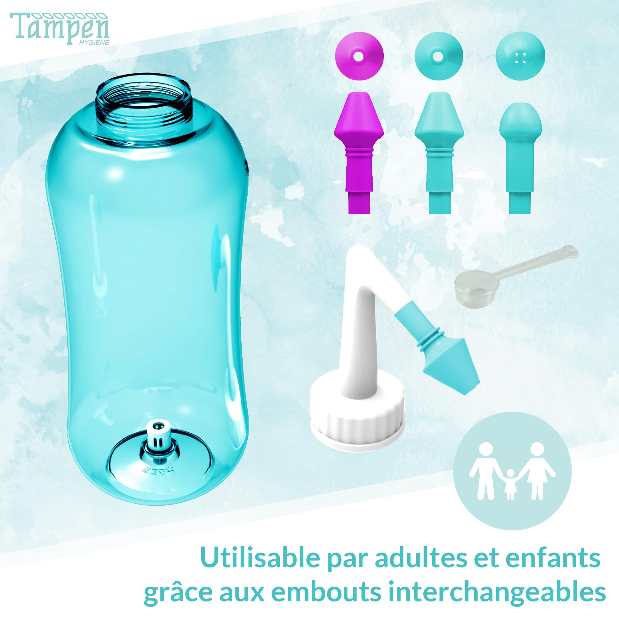 Tampen Douche nasale avec 120x Sel de rinçage nasal (300g) et 1 cuillère à mesurer · Lavage nez pour Adultes et Enfants premium