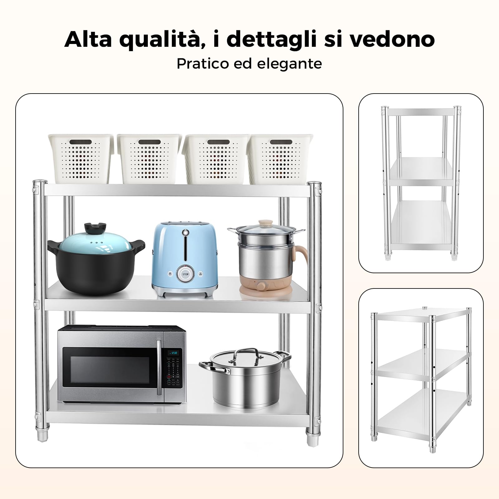 Scaffale da cucina in acciaio inox 80x80x40 cm – 3 ripiani resistenti fino a 30 kg – Tavolo/Scaffale metallico multiuso