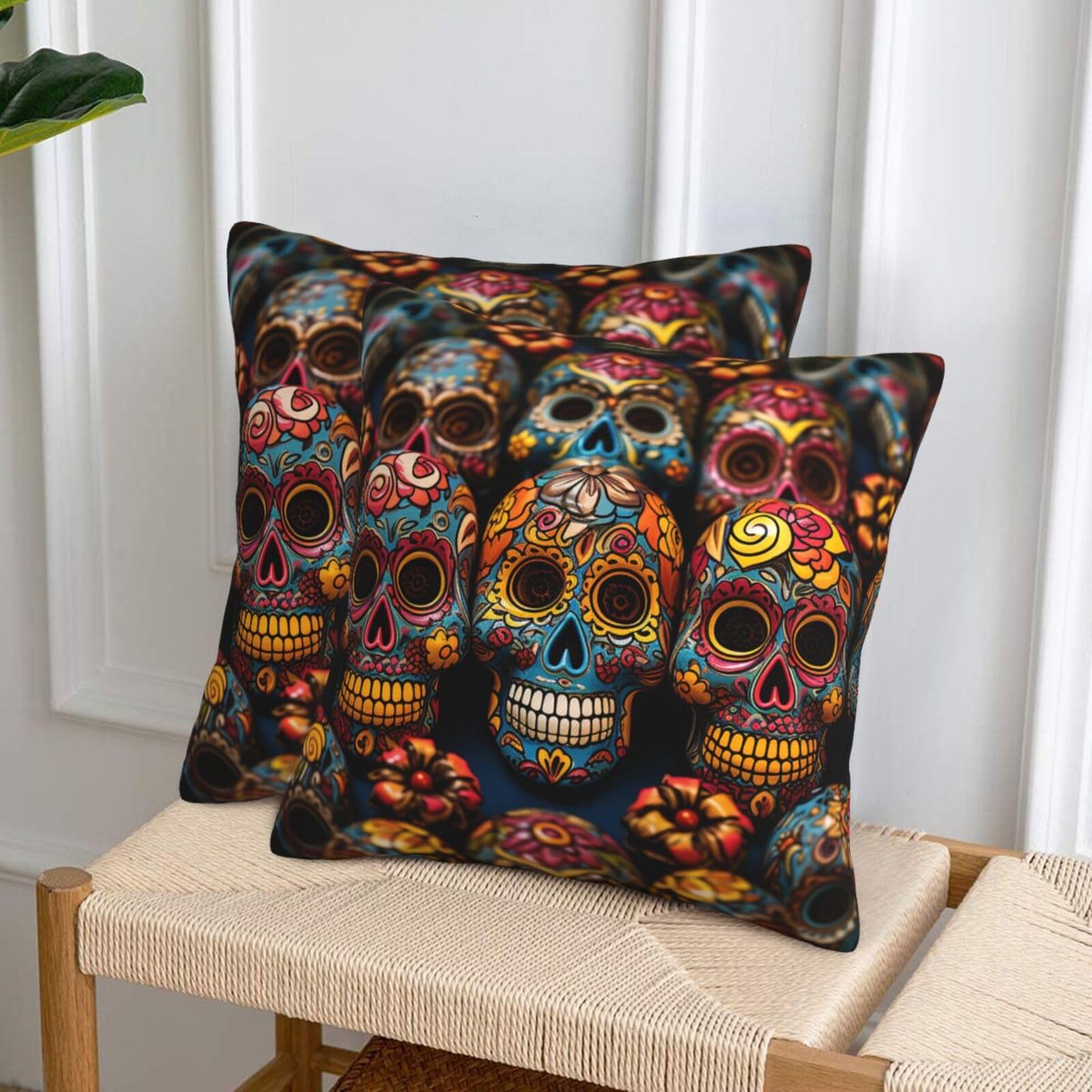 NONHAI Decorative Throw Pillow Covers Set of 2, 20"x20" Square Cushion Case Soft Comfy Colorful Sugar Skulls Throw Pillows for Couch Cushion Livingroom Farmhouse Home Decor Pillowcases