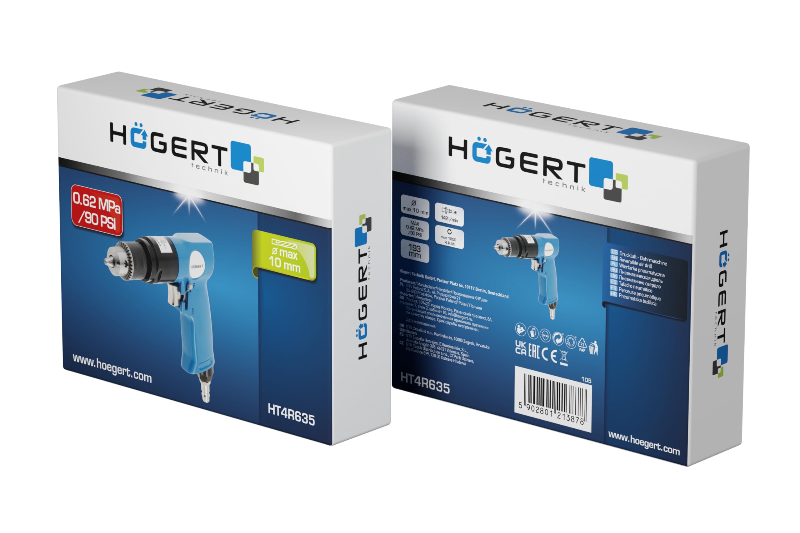 HÖGERT TECHNIK Druckluft-Bohrmaschine – 193 mm – max. Ø10 mm – 1800 U/min – 1/4" Luftanschluss – Rechts-/Linkslauf – für Werkstatt, Metall, Holz & Montage