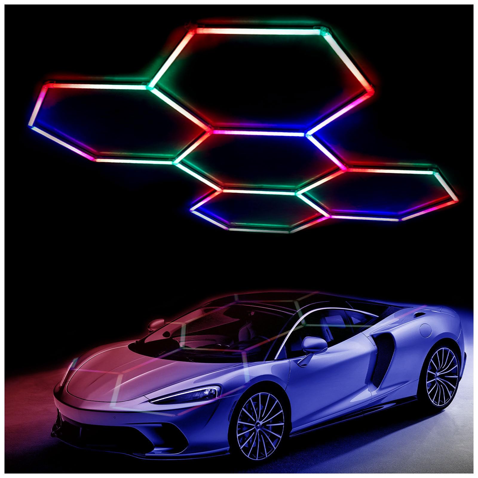 RGB Hexagon Garage Lights,Dimmable LED Hexagon Lights,Large Size Hex Lights for Wall/Ceiling,DIY 358 Modes,Aluminum Base,3 Pin,for Garage Gym Gaming Room Music Room Studio