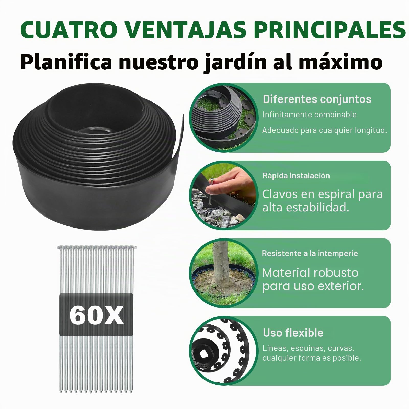 Borduras Jardin, 20M X 10CM Juego De Bordes Jardin Exterior para Tierra, Juego De Bordes para CéSped con 60 Picos De Anclaje De Acero 3MM De Grosor.