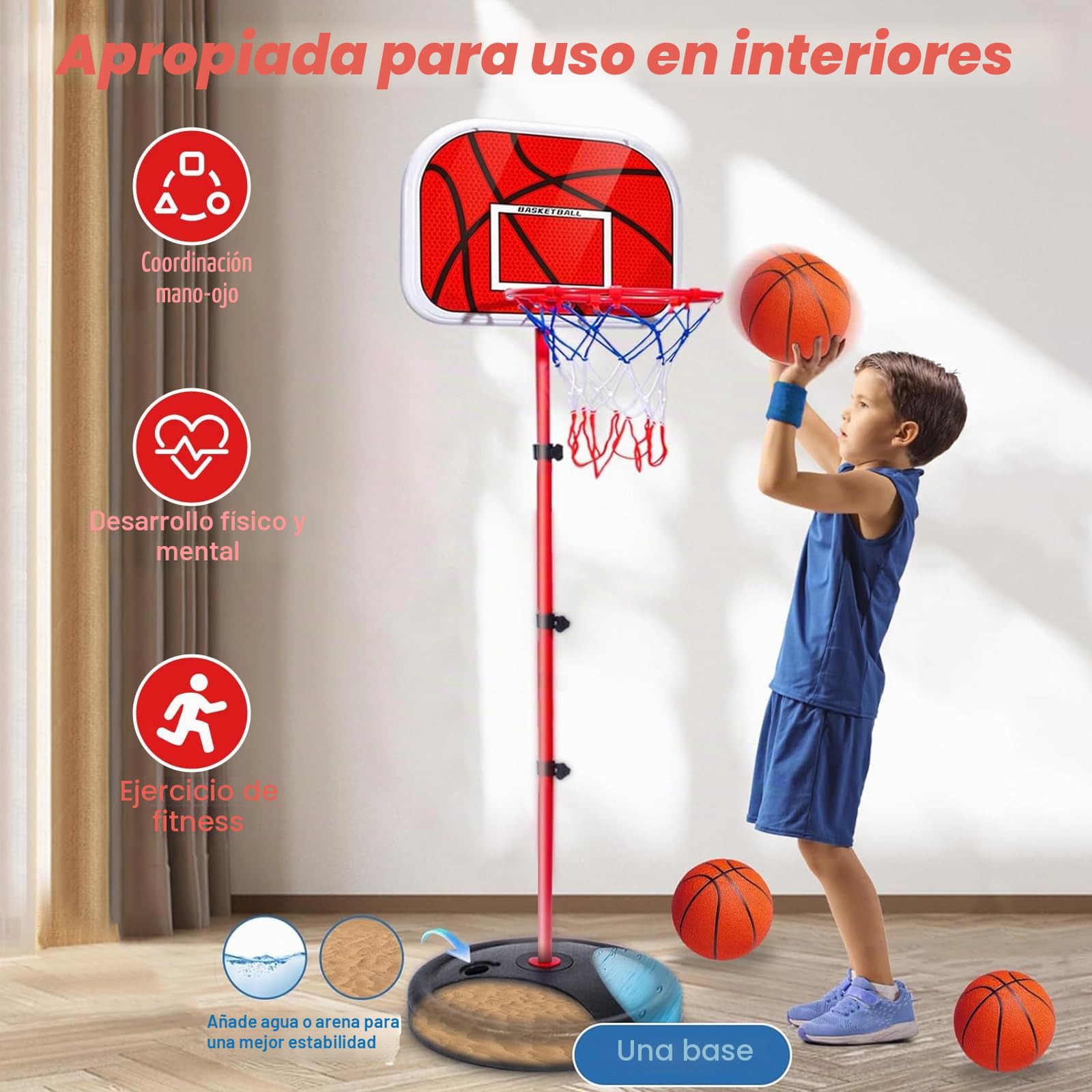 Canasta Baloncesto Infantil Regulable 50-150 cm con 3 Pelotas + Bomba - Canasta Basket Niños 3-8 Años para Exterior/Interior - Ideal Exteriores, Jardín, Interior