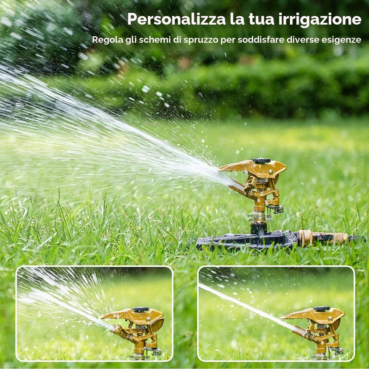 FANHAO Irrigatore da Giardino con base in Metallo, Testina Irrigatore a Impulsi Regolabile a 360° Interamente, Copertura di Ampia Area Fino a 540 m², Ideale per Giardino, Cortile e Aiuole