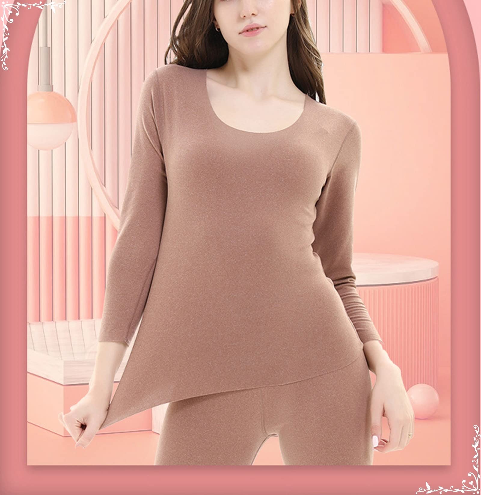 Dsnyu Thermal Wear Women, Polyester Round Collar Insulated Underwear, Camel Thermal Top and Pants XL