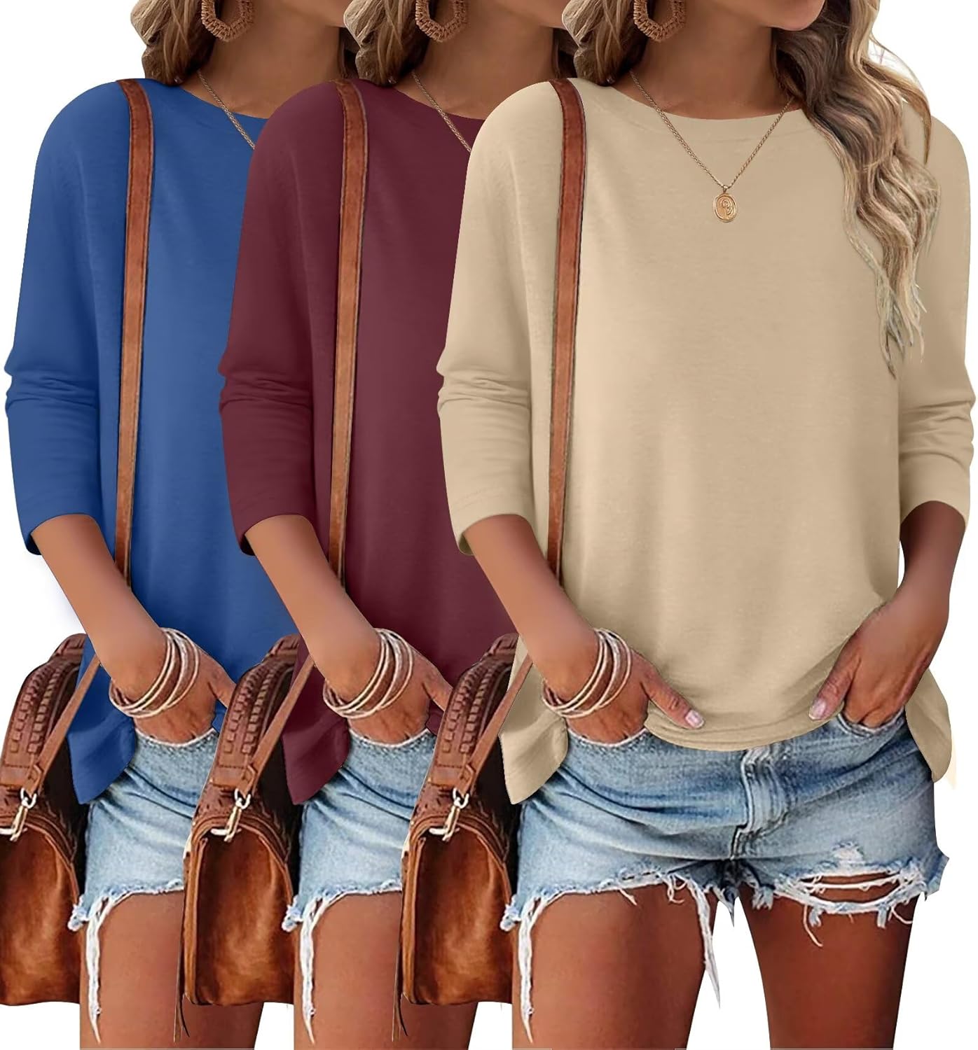 Bliwov 3 Pack 3/4 Sleeve Tops for Women Crewneck Basics Casual Work Tees Spring Summer Trendy T Shirts 2026 Clothes Blouses