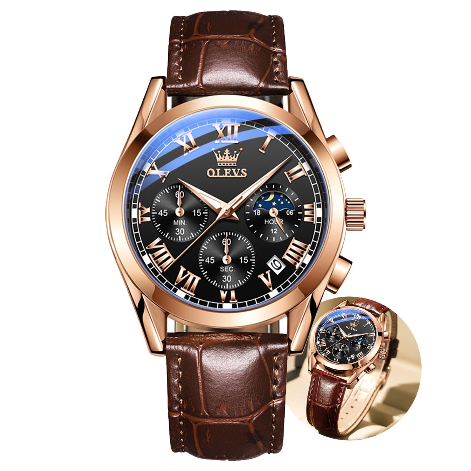 OLEVSMen's Leather Analog Quartz Watch - Luxury Chronograph Wristwatch With Date, Waterproof, Luminous - Dress Style