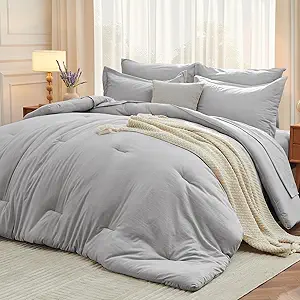 MUXHOMO 7 Pieces California King Comforter Set, Soft Bed in a Bag Cal King Size, All Season Bedding Set with Comforter, Flat Sheet, Fitted Sheet, Pillowcases & Shams, Light Grey