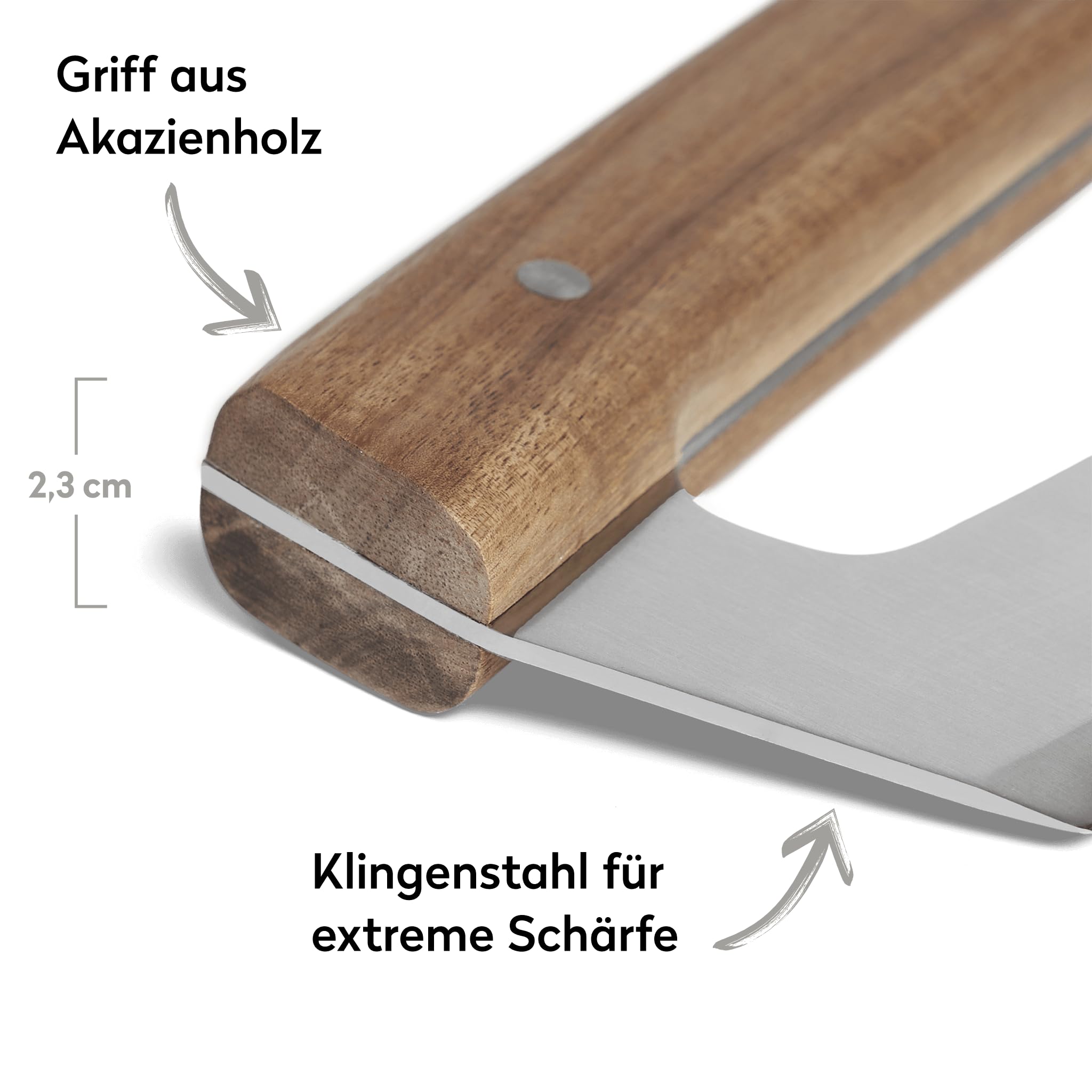 BURNHARD® Pizzaschneider aus Klingenstahl, Wiegemesser, 35,5 cm Klinge, Pizzamesser inkl. Klingenschutz, scharfer Pizza Cutter ohne Zerdrücken, Akazienholzgriff