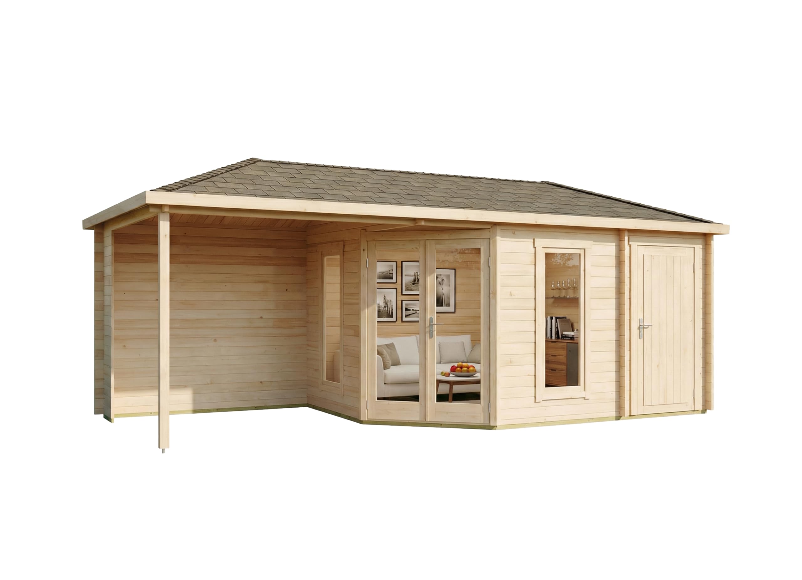 Alpholz 5-Eck Gartenhaus Liwa mit Anbau aus Holz in Naturbelassen mit 28mm Wandstärke und Überdachter Terrasse