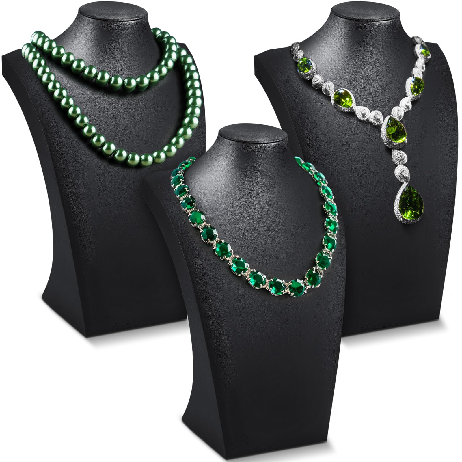 Photo 1 of Kigley Black 3 Pcs PU Leather Jewelry Bust Display Necklace Display Stand Necklace Mannequin Holder for Jewelry Displays for Vendors (13.4 x 8.1 Inch)