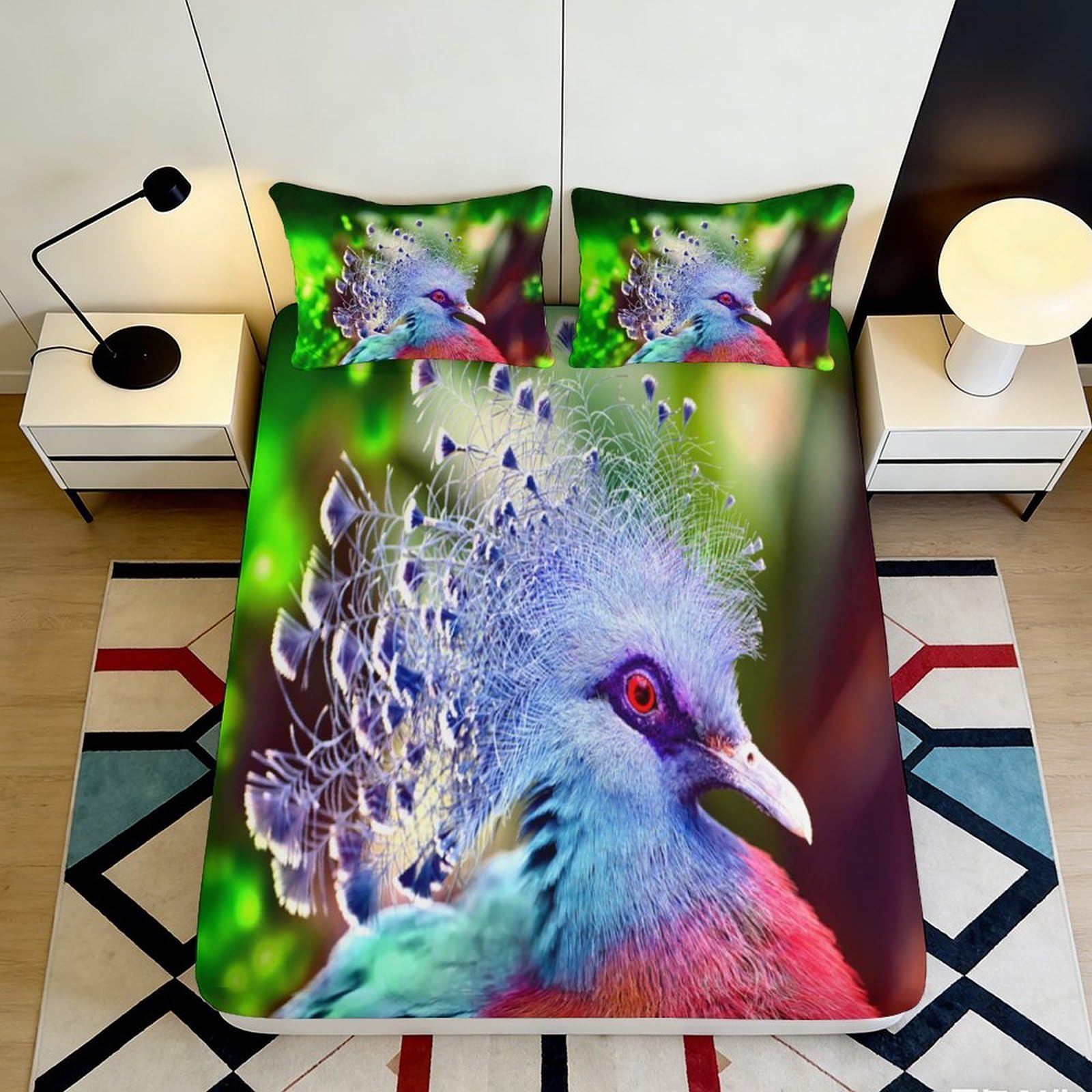 3D Printed Peacock Feather Fitted Sheet Microfiber Vibrant Bird Mattress Cover for Bedroom Decor Dorm Protection 90x200x25cm