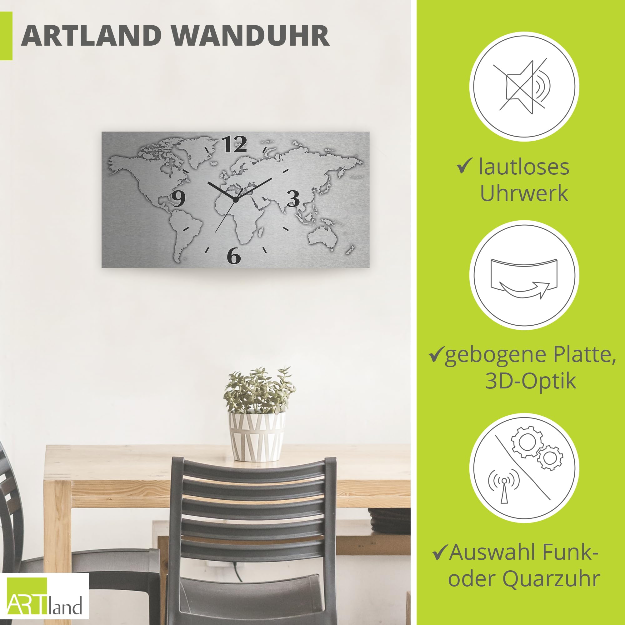 ARTLAND Wanddeko Wanduhr ohne Tickgeräusche Alu Quarzuhr Silber metallic lautlos 60x30 cm Rechteckig Weltkarte Modern Karte Abstrakt Grau U1UN