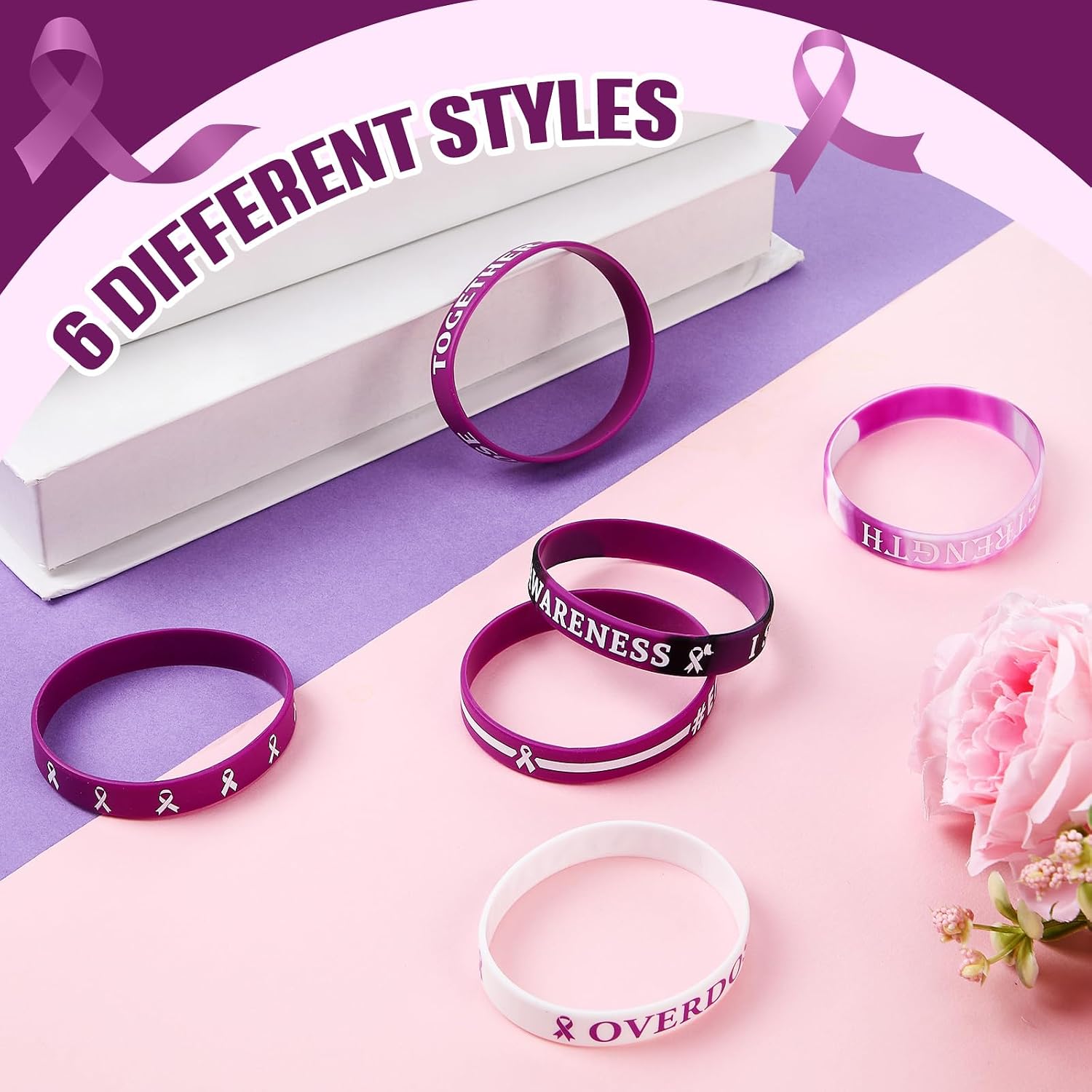 Landical 120 Pcs Overdose Awareness Silicone Bracelets Purple Ribbon Motivational Rubber Wristbands Colored Overdose Awarenesswristbands for Event Support Charity Supplies Favor