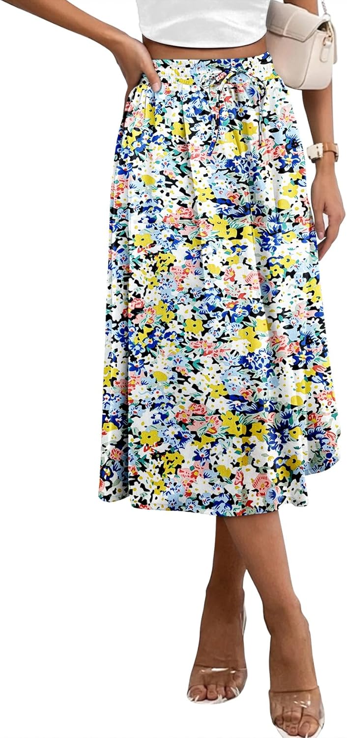 Angerella Womens Skirt Midi High Waist A-Line Casual Floral Print Trendy Bohemia Work Elegant with Pockets - Image 2